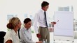 Woman pointing at white board and asking something