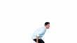 Young man jumping on white background