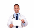 Professional medical doctor holding a white card