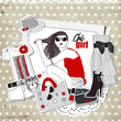 Vektor: Scrap vintage fashion template with girl and trendy clothes Scrap vintage fashion template with girl and trendy clothes