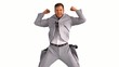 Excited businessman jumping and cheering on white background