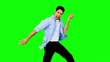 Man playing air guitar on green screen