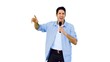 Man singing into microphone and dancing