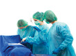 Below view of surgeons holding medical instruments in hands