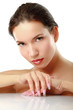 Woman with red lips closeup