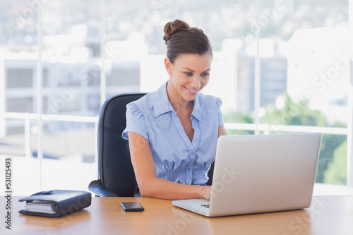 Photo: Happy businesswoman working on her laptop Happy businesswoman working on her laptop