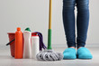 Cleaning floor in room close-up