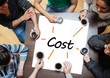 Team brainstorming over a poster with cost written on it
