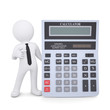 Illustration: 3d white man points a finger at a calculator 3d white man points a finger at a calculator