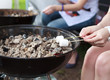 Roasting marshmallows on a stick over the fire.