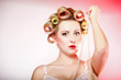 sexy woman in underwear curlers with beads