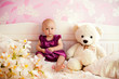 Portrait of a sweet baby girl with her bear and flower indoor