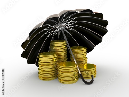 Illustration: Stacks of golden coins covered by black umbrella Stacks of golden coins covered by black umbrella