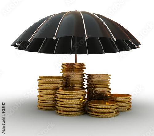 Illustration: Stacks of golden coins covered by black umbrella Stacks of golden coins covered by black umbrella