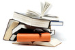 A stack of books on a white background.