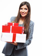 Business woman hold gift box. White background isolated
