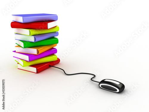 Illustration: Internet education. Books and computer mouse. 3d Internet education. Books and computer mouse. 3d
