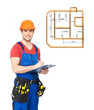 Photo: worker with tools, planning and writing the note worker with tools, planning and writing the note