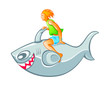 Happy boy on inflatable shark rocket isolated