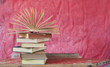 pile of books, one open, on pink background