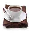 Hot chocolate in white cup on brawn table-napkin