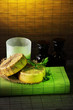 Hand made soap and candle on bamboo mat background