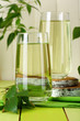 Glasses of birch sap on green wooden table