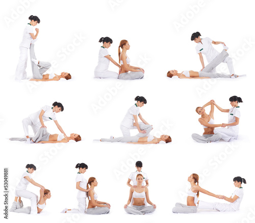 Photo: Set of many different images of the woman getting thai massage Set of many different images of the woman getting thai massage