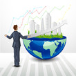 Vektor: vector illustration of happy businessman with building on Earth vector illustration of happy businessman with building on Earth