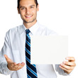 Happy businessman showing signboard, isolated