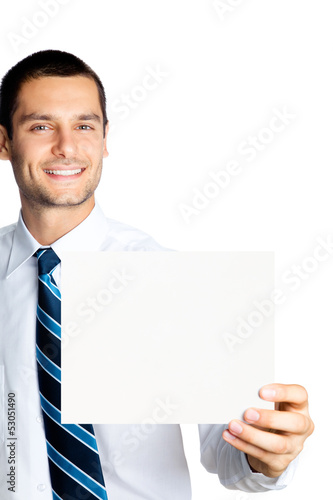 Photo: Happy businessman showing signboard, isolated Happy businessman showing signboard, isolated