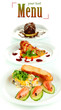 Small portions of food on big white plates isolated on white