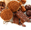 Composition of chocolate sweets, cocoa and spices, isolated