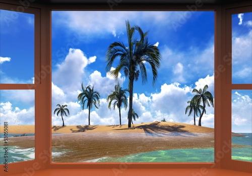 Illustration: Awesome sunset on Hawaii. Seen through the window in hotel. Awesome sunset on Hawaii. Seen through the window in hotel.