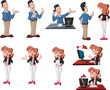 Happy cartoon couple in different poses working on computer