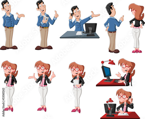 Vector: Happy cartoon couple in different poses working on computer Happy cartoon couple in different poses working on computer