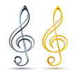 Gold and silver treble clef on white background