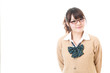 a young asian school girl on white background
