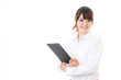 beautiful asian teacher on white background