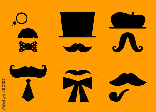 Vector: Mustaches and hats retro accessories isolated on orange Mustaches and hats retro accessories isolated on orange