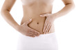 Woman massaging pain stomach isolated on white