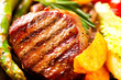 Photo: Grilled Beef Steak Meat with Fried Potato, Asparagus, Tomatoes Grilled Beef Steak Meat with Fried Potato, Asparagus, Tomatoes