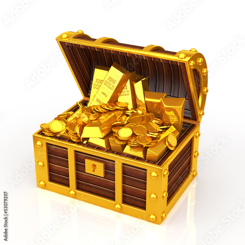 Illustration: Treasure chest filled with gold ingots Treasure chest filled with gold ingots