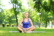Smiling young woman resting on a mat in a park