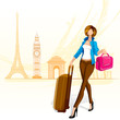 Vector: woman walking with travel bag infront of monument woman walking with travel bag infront of monument
