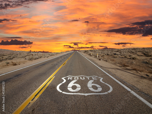 Photo: Route 66 Pavement Sign Sunrise Mojave Desert Route 66 Pavement Sign Sunrise Mojave Desert