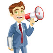 Cute businessman with electronic tablet speaks in megaphone isol