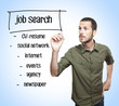 young casual man writing a job search diagram  on glass board
