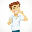 Cute man with a glass of water brushing his teeth isolated on wh