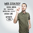 young casual man writing web strategy  diagram on glass board wi
